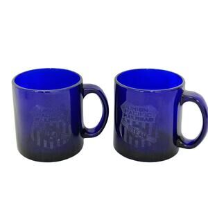Cobalt Blue Glass Union Pacific Railroad Steam 844 3985 Coffee Mugs Cup Pair VTG